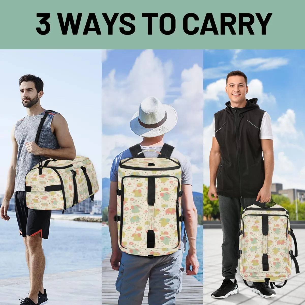 Large Sports Gym Bag With Shoe & Laptop Compartment 47L Waterproof Travel Duffel Bags for Men Women Elephants Snail And Flowers Luggage Backpack Duffle Bag