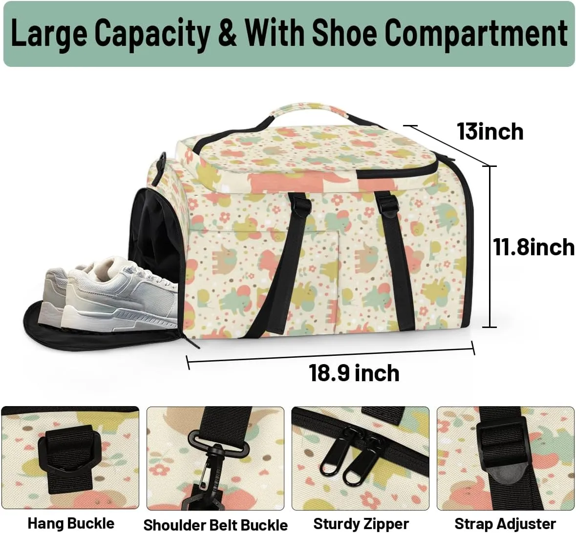Large Sports Gym Bag With Shoe & Laptop Compartment 47L Waterproof Travel Duffel Bags for Men Women Elephants Snail And Flowers Luggage Backpack Duffle Bag