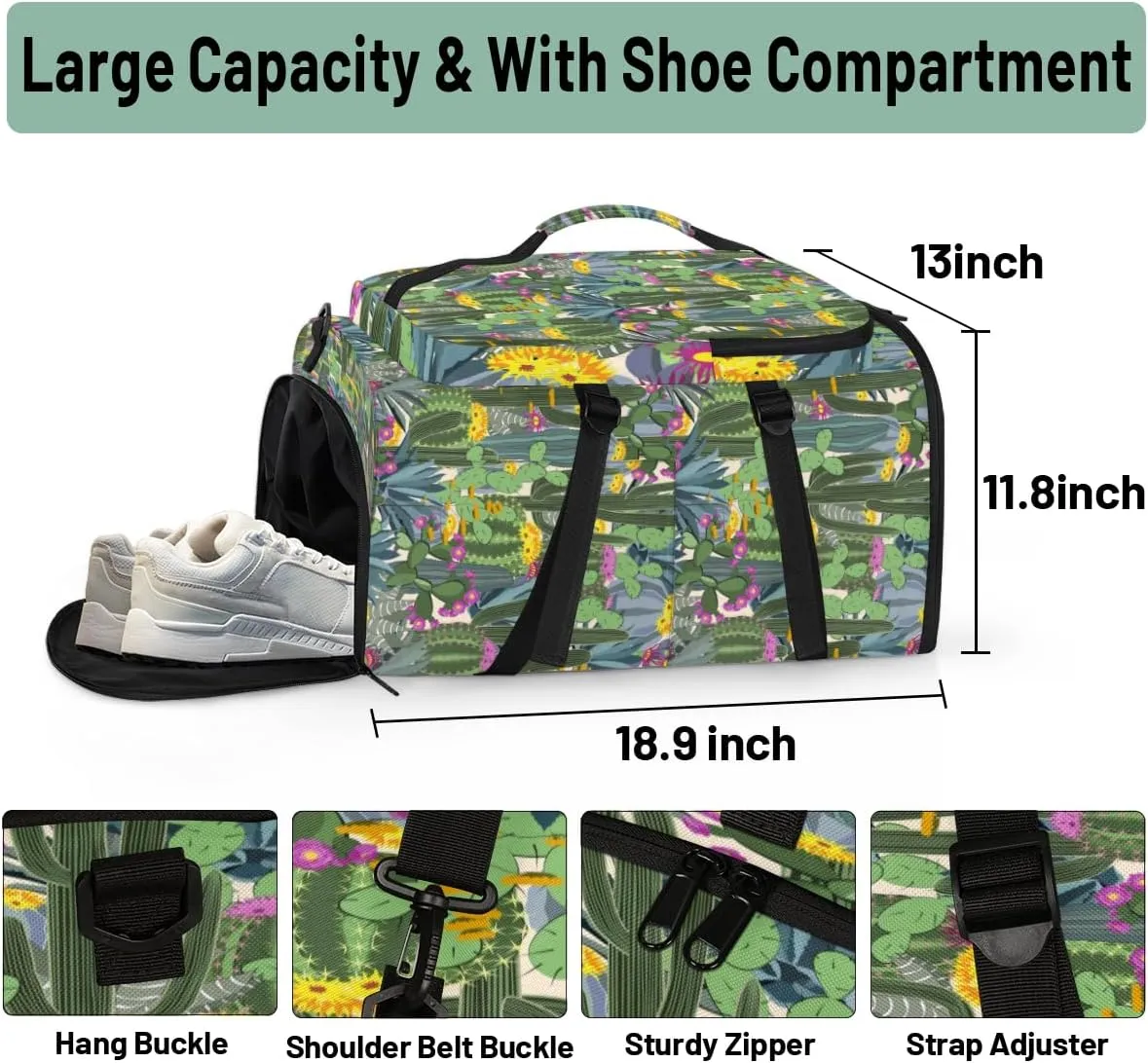 Large Sports Gym Bag With Shoe & Laptop Compartment 47L Waterproof Travel Duffel Bags for Men Women Modern Cactus Luggage Backpack Duffle Bag