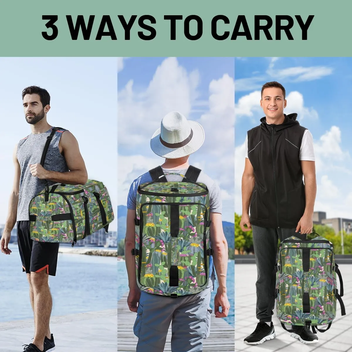 Large Sports Gym Bag With Shoe & Laptop Compartment 47L Waterproof Travel Duffel Bags for Men Women Modern Cactus Luggage Backpack Duffle Bag