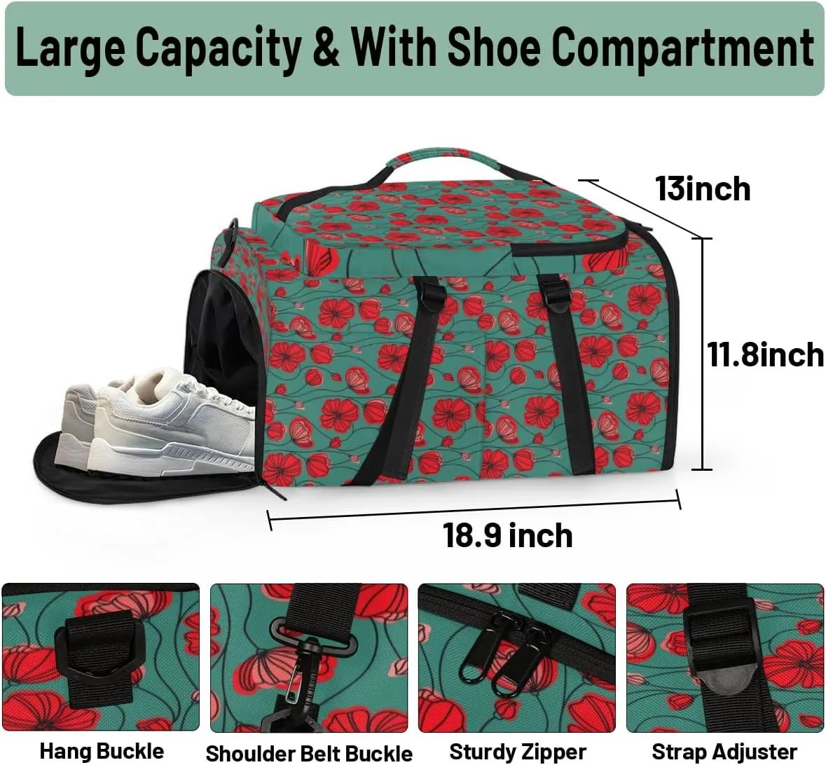 Large Sports Gym Bag With Shoe & Laptop Compartment 47L Waterproof Travel Duffel Bags for Men Women Poppy Flower Plant Cartoon Luggage Backpack Duffle Bag