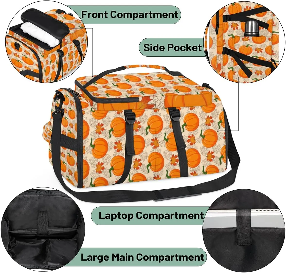 Large Sports Gym Bag With Shoe & Laptop Compartment 47L Waterproof Travel Duffel Bags for Men Women Pumpkin Pattern Luggage Backpack Duffle Bag