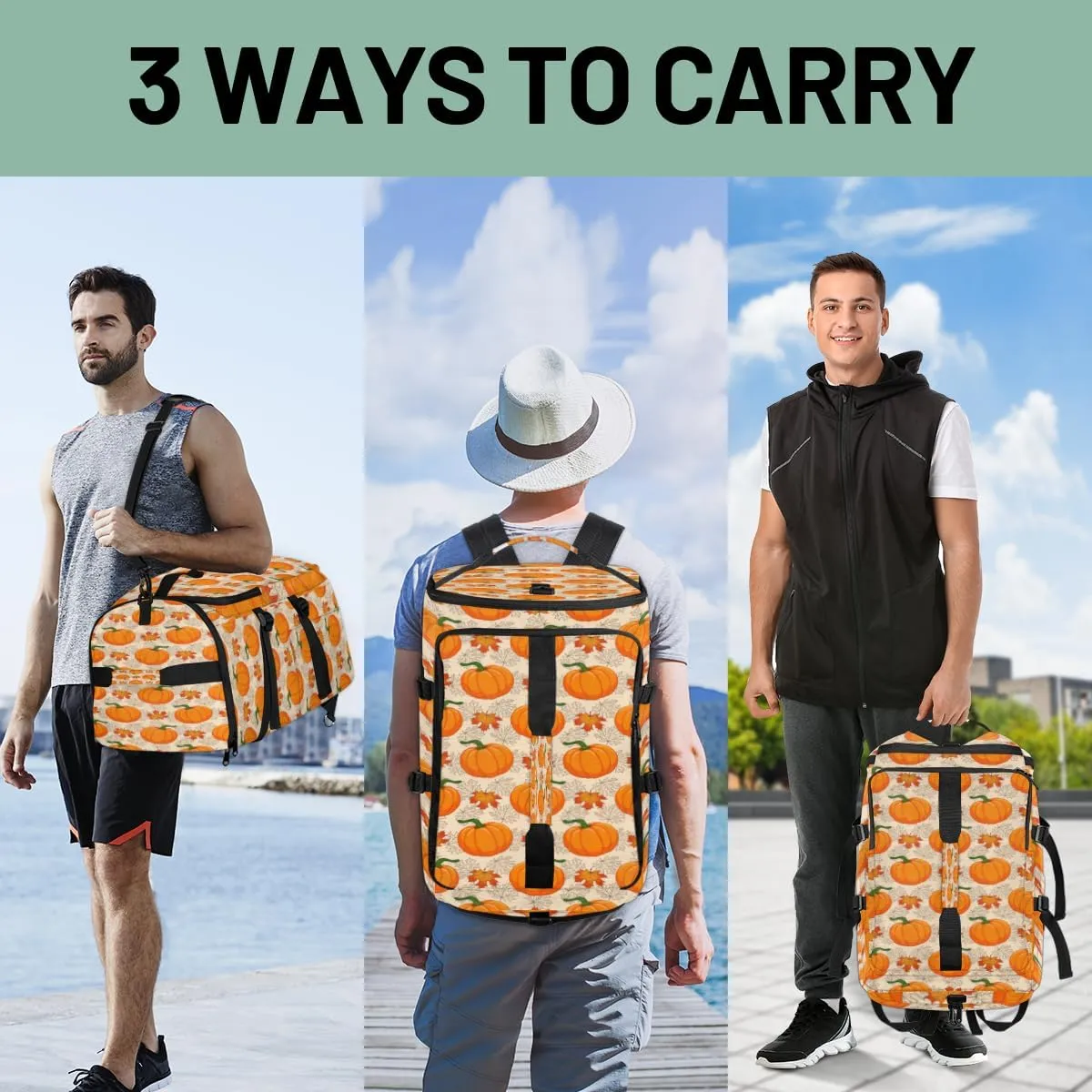 Large Sports Gym Bag With Shoe & Laptop Compartment 47L Waterproof Travel Duffel Bags for Men Women Pumpkin Pattern Luggage Backpack Duffle Bag