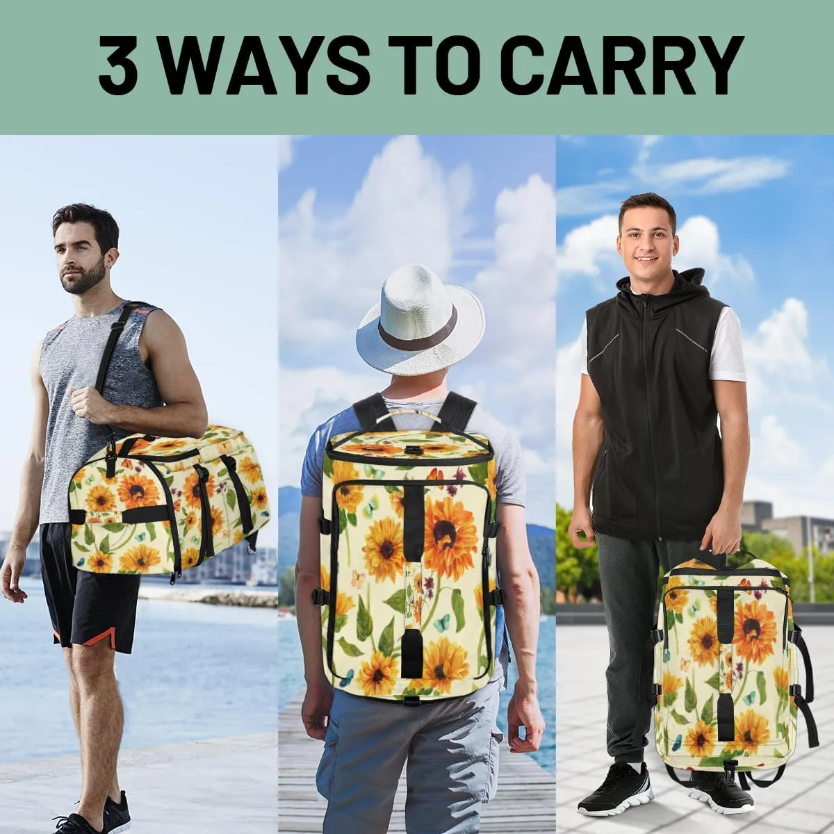 Large Sports Gym Bag With Shoe & Laptop Compartment 47L Waterproof Travel Duffel Bags for Men Women Sunflowers And Butterflies Luggage Backpack Duffle Bag