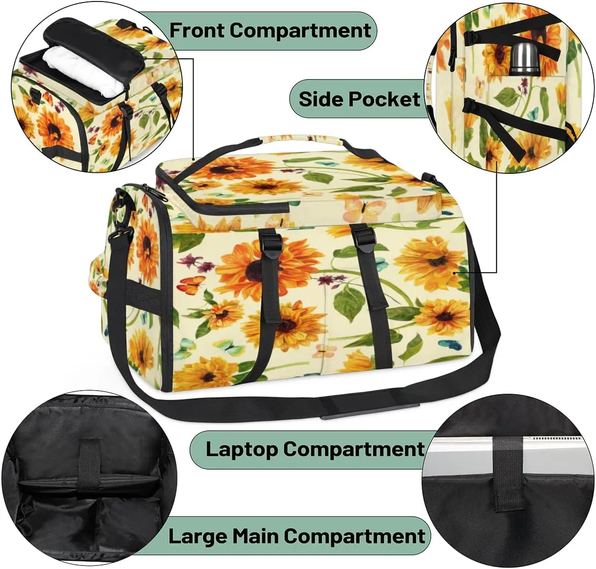 Large Sports Gym Bag With Shoe & Laptop Compartment 47L Waterproof Travel Duffel Bags for Men Women Sunflowers And Butterflies Luggage Backpack Duffle Bag