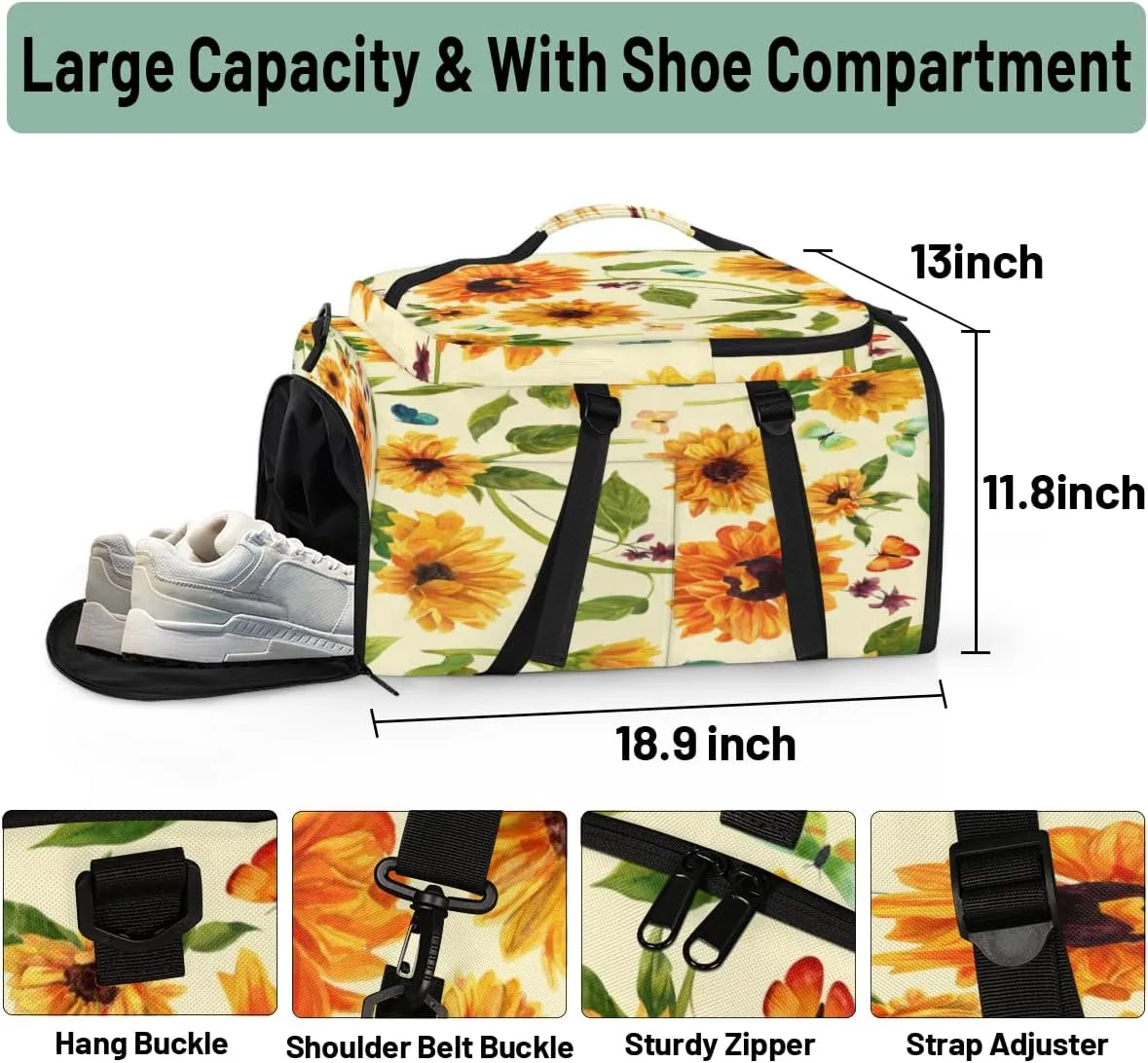 Large Sports Gym Bag With Shoe & Laptop Compartment 47L Waterproof Travel Duffel Bags for Men Women Sunflowers And Butterflies Luggage Backpack Duffle Bag
