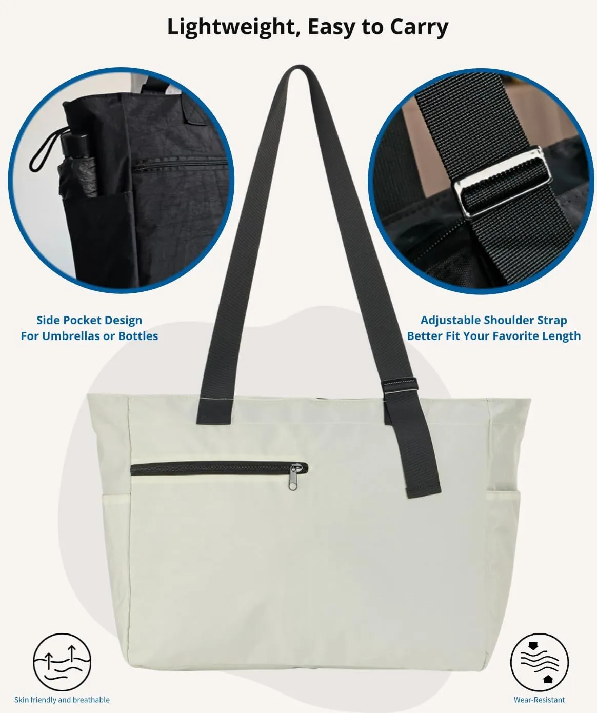Large Tote Bag for Women Versatile Lightweight Adjustable Strap Shoulder Handbag with Zipper for Gym,Travel, Work,Beach