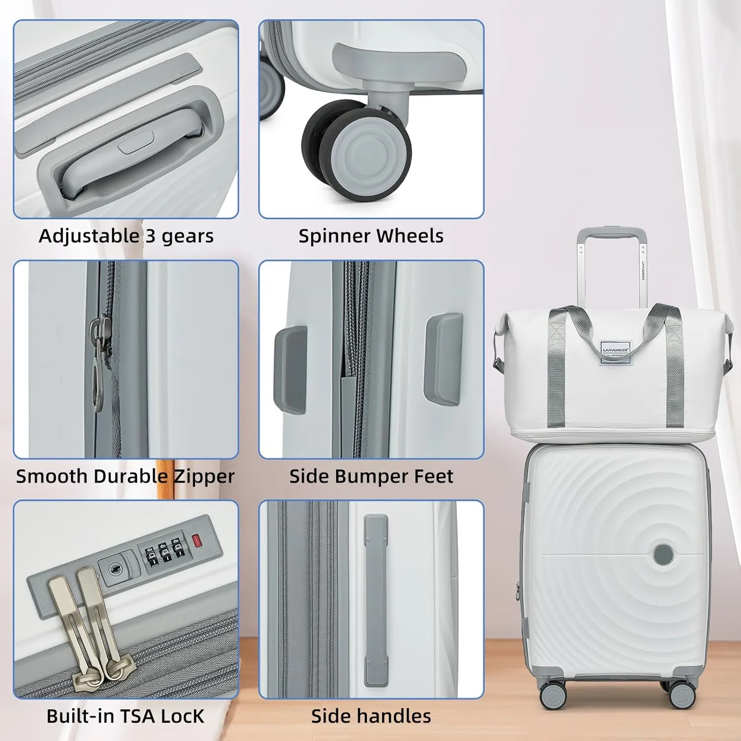 LARVENDER 20in Carry On Luggage, PP Hardside Luggage Set 3 Piece, Expandable Travel Suitcase Set with TSA Lock, Lightweight Suitcases with Wheels for Women Men(WHITE/20/DB/TB)