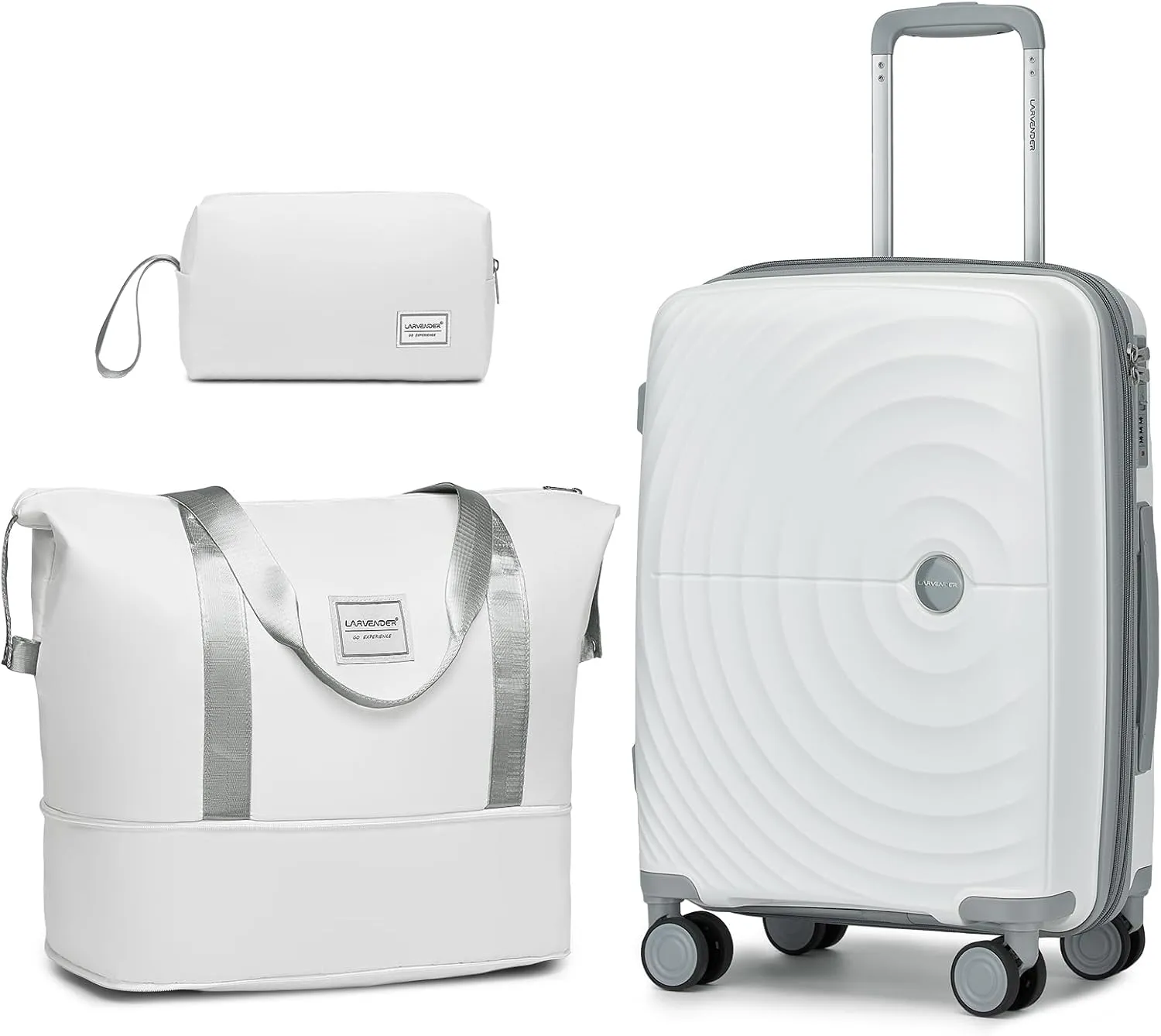 LARVENDER 20in Carry On Luggage, PP Hardside Luggage Set 3 Piece, Expandable Travel Suitcase Set with TSA Lock, Lightweight Suitcases with Wheels for Women Men(WHITE/20/DB/TB)