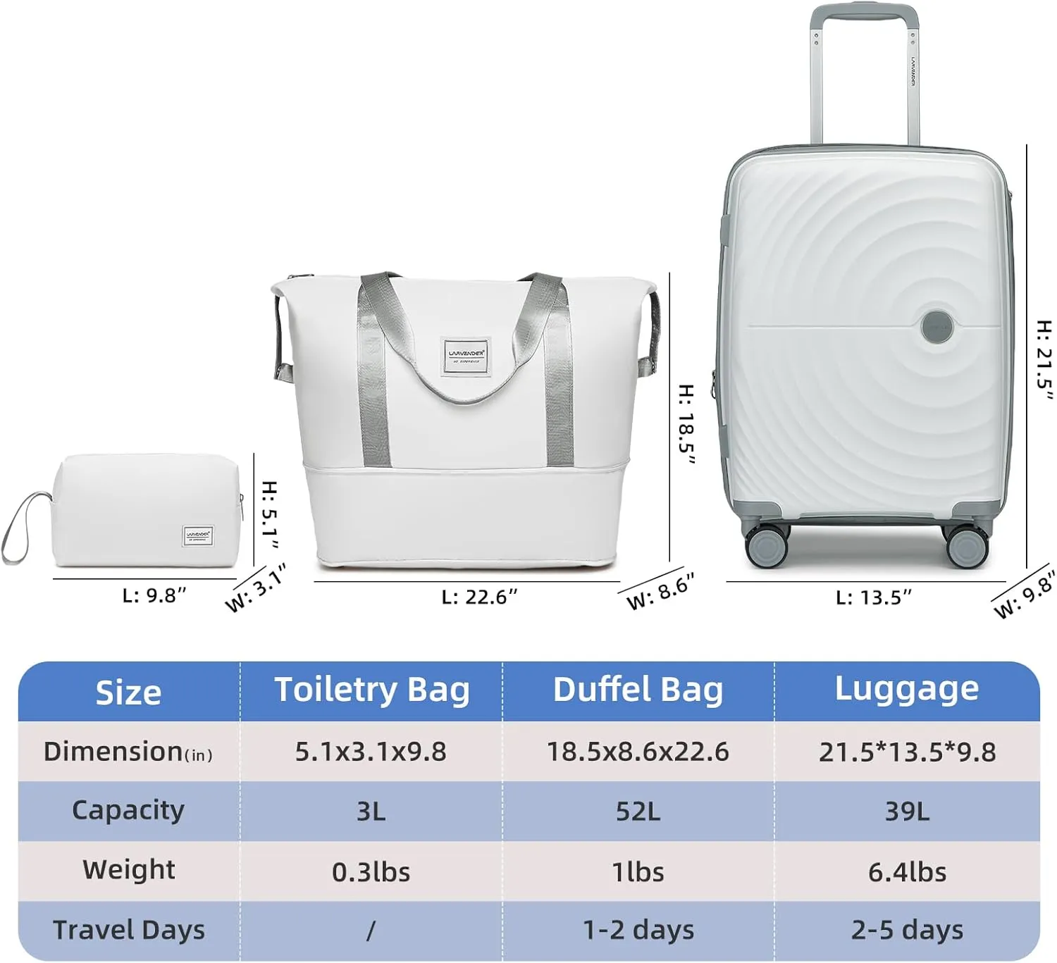 LARVENDER 20in Carry On Luggage, PP Hardside Luggage Set 3 Piece, Expandable Travel Suitcase Set with TSA Lock, Lightweight Suitcases with Wheels for Women Men(WHITE/20/DB/TB)