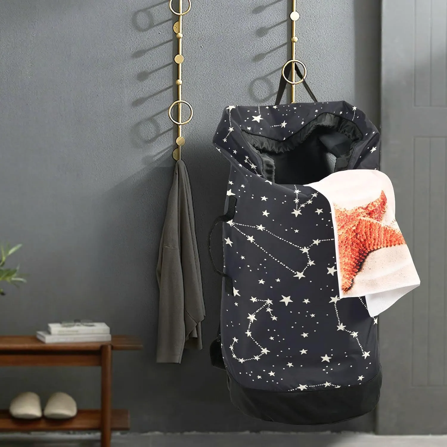 Laundry Backpack Bag Hamper Basket Extra Large Heavy Duty for Dirty Clothes Adjusted Straps for Camp College Dorm Gym Hotel Home 29.3x14.5Inch Black Stars