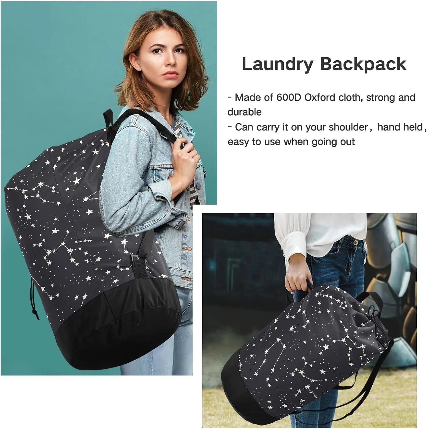 Laundry Backpack Bag Hamper Basket Extra Large Heavy Duty for Dirty Clothes Adjusted Straps for Camp College Dorm Gym Hotel Home 29.3x14.5Inch Black Stars