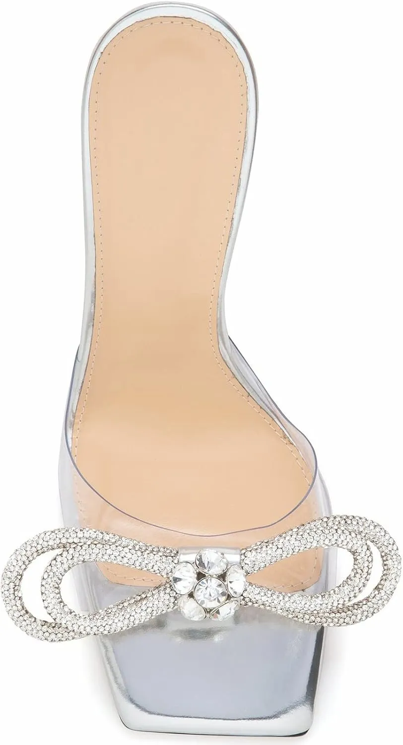 LauraVicci Women's Heeled Bow Mules Clear Sandals Square Open Toe Rhinestone Embellished Crystal Bowknot Transparent PVC Crystal Stiletto Slip On Evening Dress Party Wedding Shoes