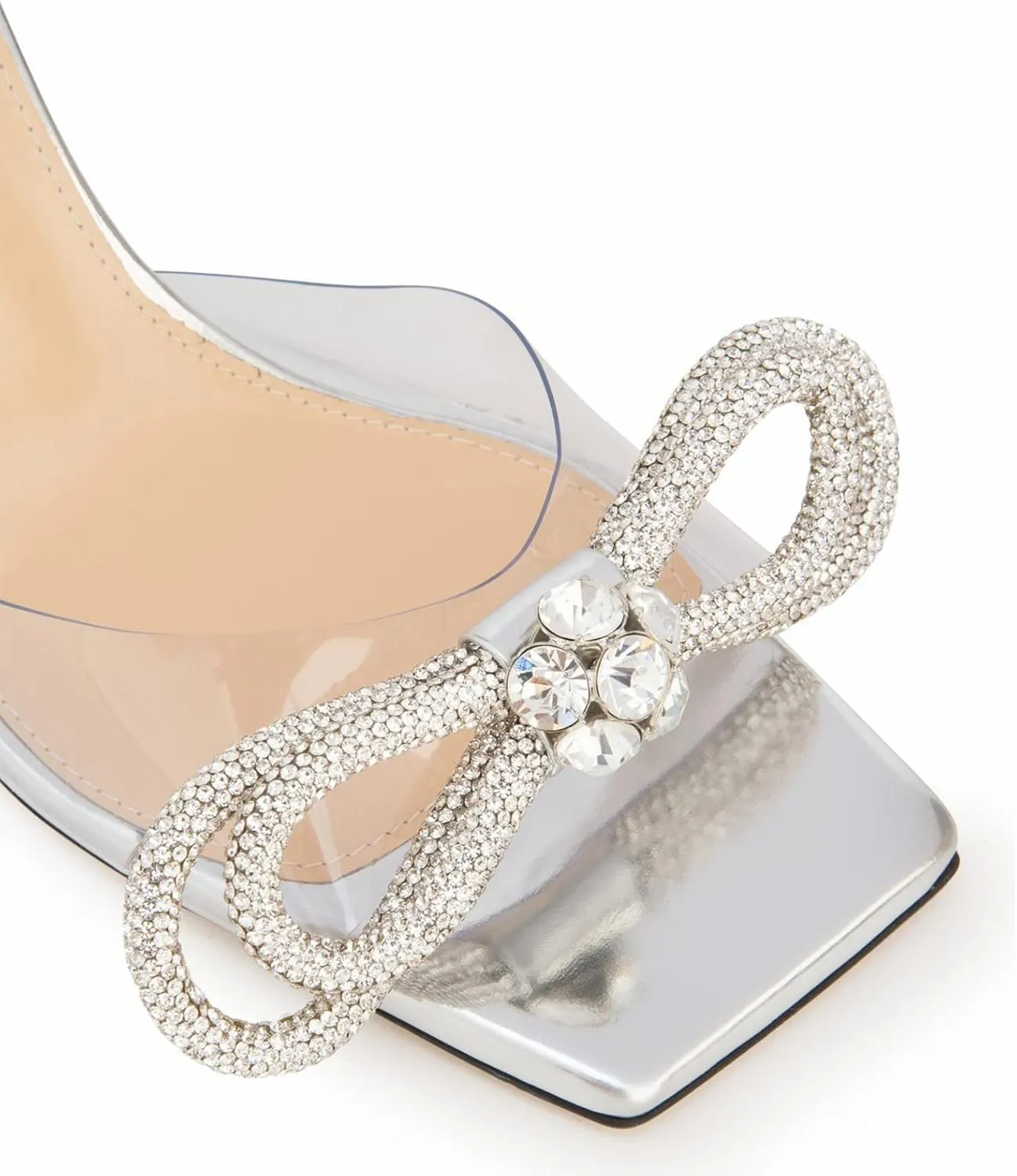 LauraVicci Women's Heeled Bow Mules Clear Sandals Square Open Toe Rhinestone Embellished Crystal Bowknot Transparent PVC Crystal Stiletto Slip On Evening Dress Party Wedding Shoes