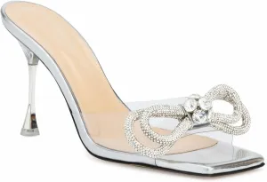 LauraVicci Women's Heeled Bow Mules Clear Sandals Square Open Toe Rhinestone Embellished Crystal Bowknot Transparent PVC Crystal Stiletto Slip On Evening Dress Party Wedding Shoes