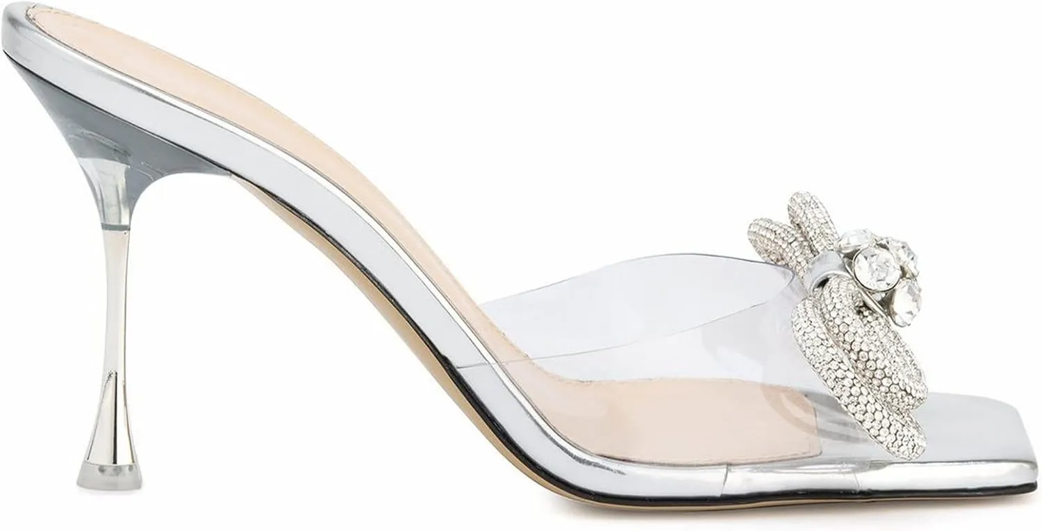 LauraVicci Women's Heeled Bow Mules Clear Sandals Square Open Toe Rhinestone Embellished Crystal Bowknot Transparent PVC Crystal Stiletto Slip On Evening Dress Party Wedding Shoes