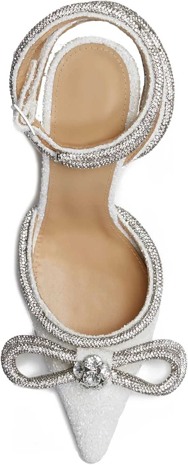 LauraVicci Women's Heeled Sandals Pointed Toe Crystal Embellished Bow Ankle Straps Rhinestone Buckle Stiletto Slip On Evening Dress Party Wedding Pumps Shoes