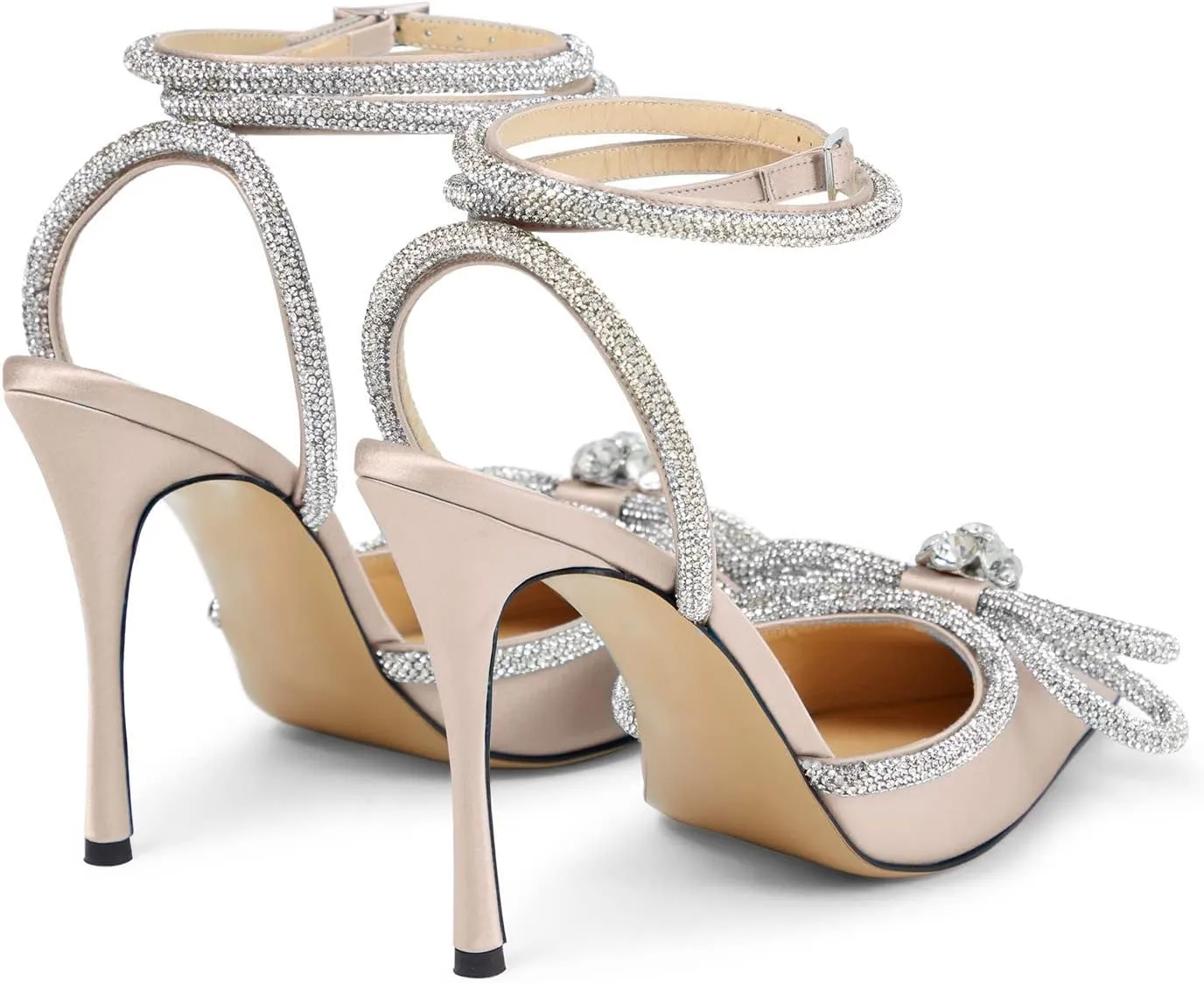LauraVicci Women's Heeled Sandals Pointed Toe Crystal Embellished Bow Ankle Straps Rhinestone Buckle Stiletto Slip On Evening Dress Party Wedding Pumps Shoes