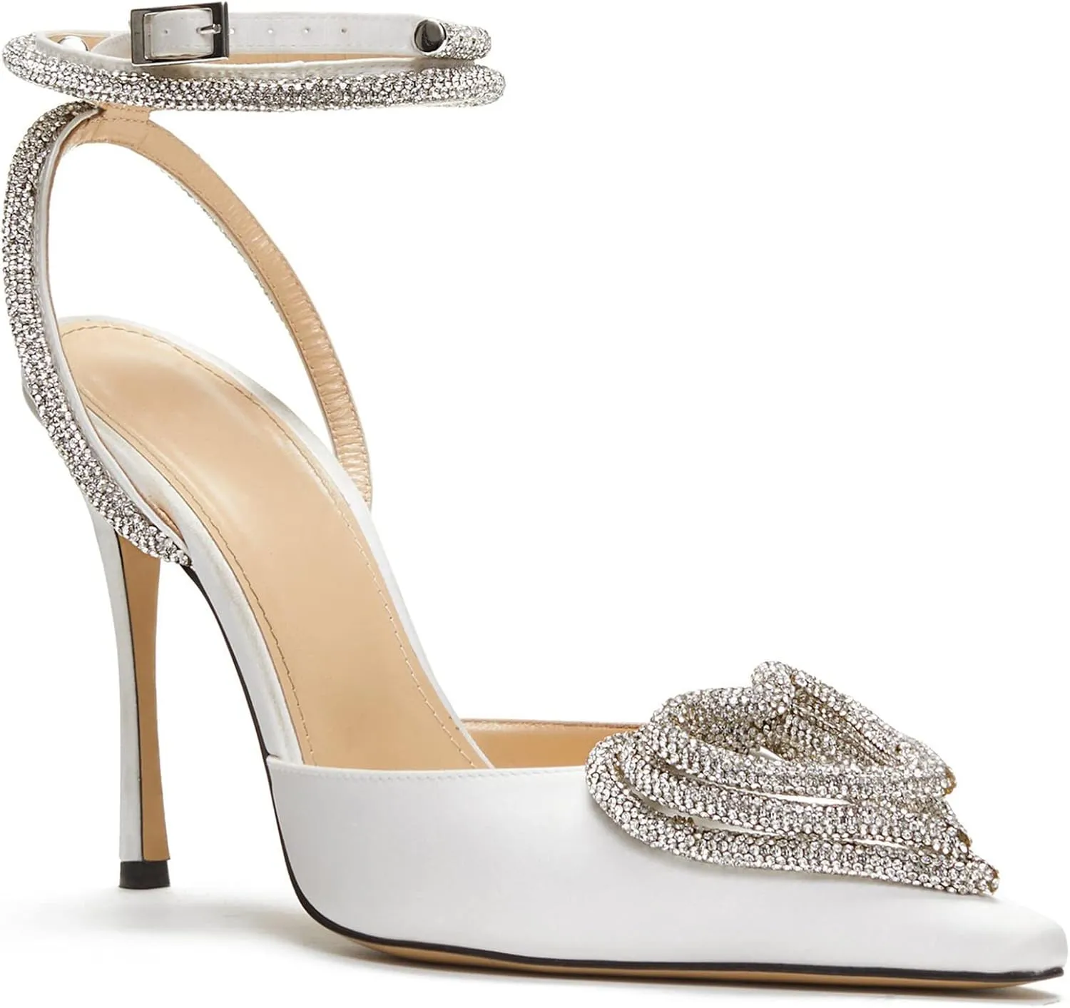 LauraVicci Women's Heeled Sandals Pointed Toe Crystal Embellished Bow Ankle Straps Rhinestone Buckle Stiletto Slip On Evening Dress Party Wedding Pumps Shoes