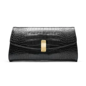 Leather Clutch Bag, Melanie - Black Croc-Effect