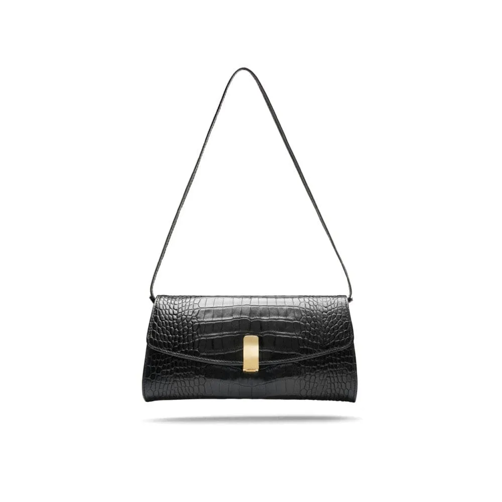 Leather Clutch Bag, Melanie - Black Croc-Effect