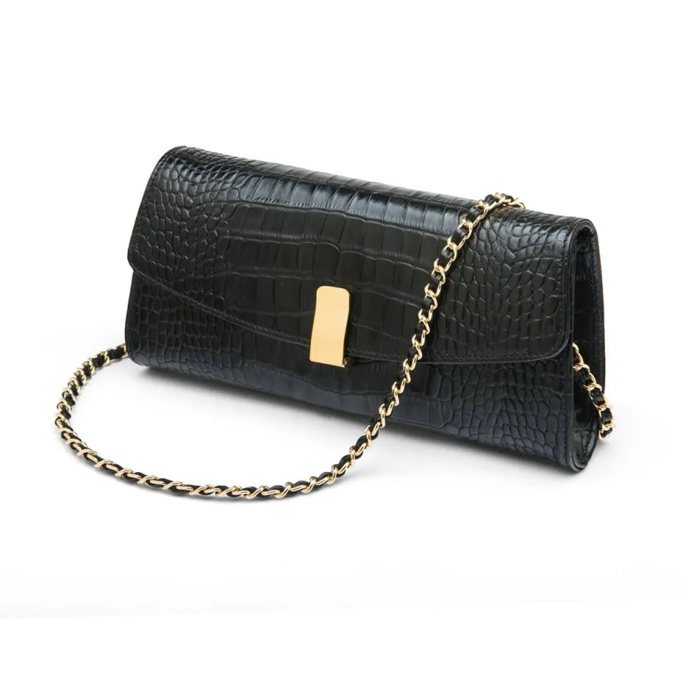 Leather Clutch Bag, Melanie - Black Croc-Effect
