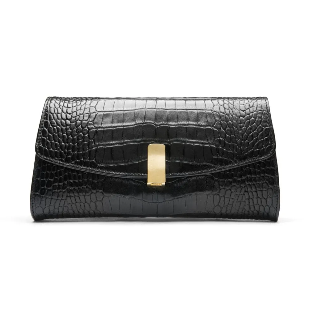 Leather Clutch Bag, Melanie - Black Croc-Effect