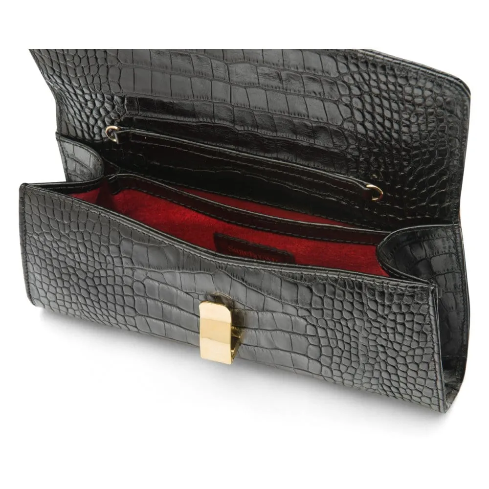 Leather Clutch Bag, Melanie - Black Croc-Effect