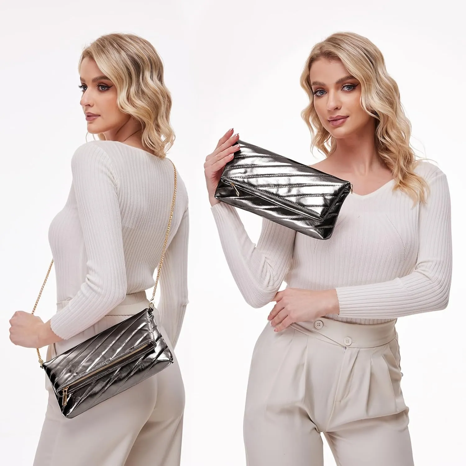 Leather Clutch Evening Purse for Women Envelope Crossbody Bag with Chain Strap Wedding Party Handbags