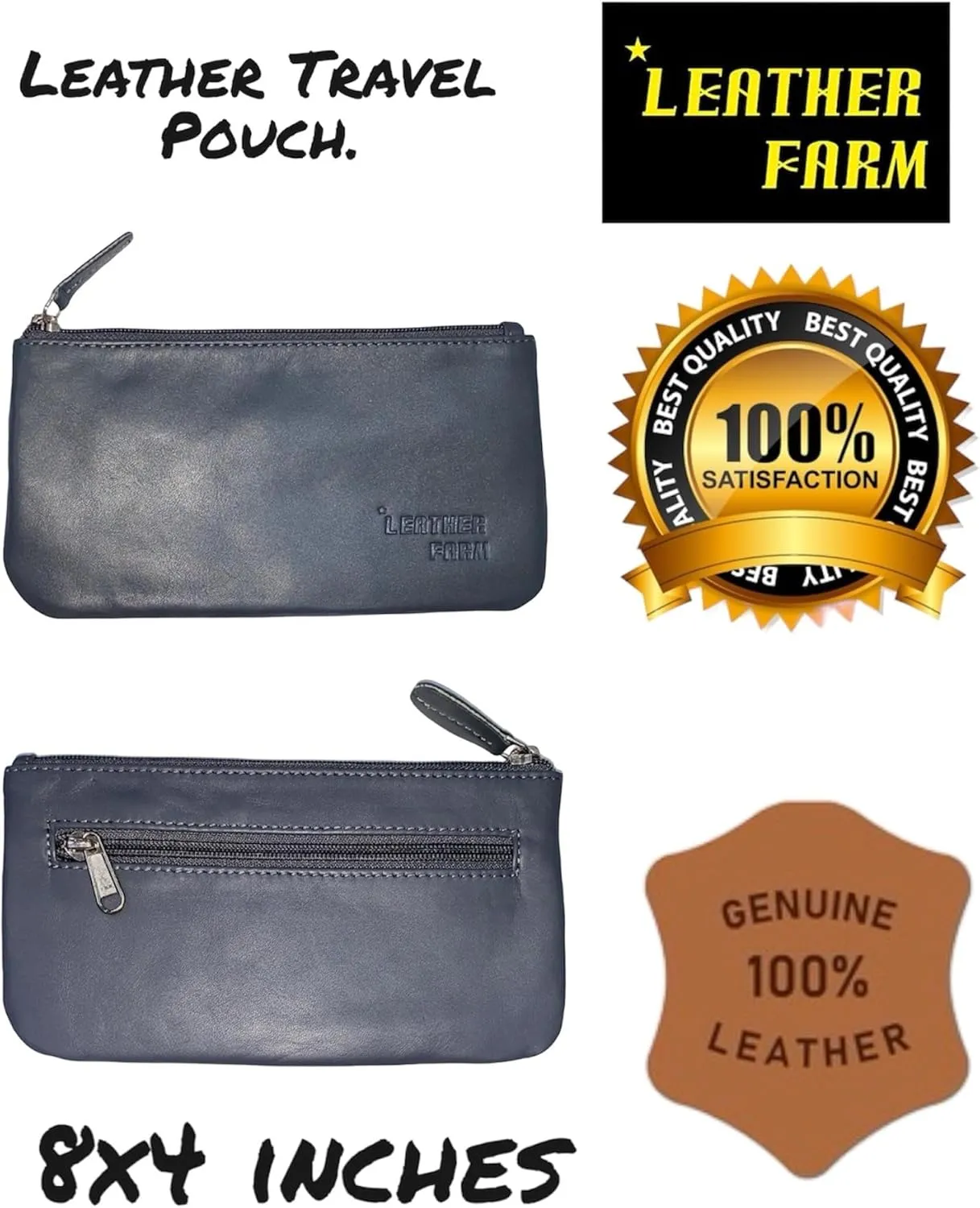 LEATHER FARM Leather Travel Pouch - Beautifully Handcrafted YKK Zippered Pouch Handmade - 8 x 4 inches.(GREY)