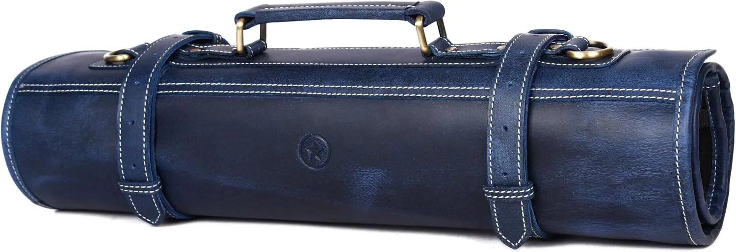 Leather Knife Roll Storage Bag, Elastic and Expandable 10 Pockets, Adjustable/Detachable Shoulder Strap, Travel-Friendly Chef Knife Case