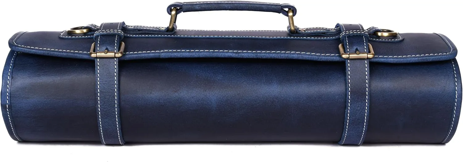 Leather Knife Roll Storage Bag, Elastic and Expandable 10 Pockets, Adjustable/Detachable Shoulder Strap, Travel-Friendly Chef Knife Case