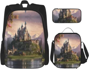 Legendary Fairy Tale Castle Print Travel Backpack For Women 3-Piece Set With Insulated Lunch Box,For Outdoor Travel