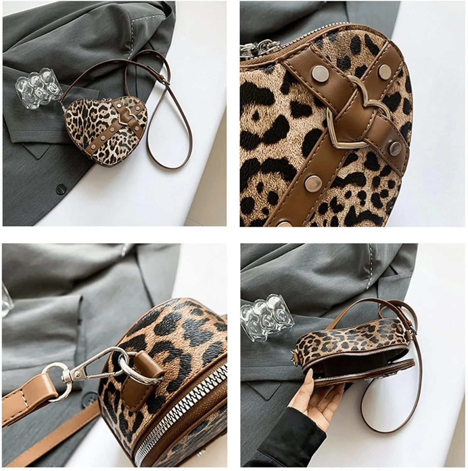 Leopard Purse Cheetah Print Heart Shape Crossbody Purses Vintage Y2K Studded Shoulder Bag for Girls Party