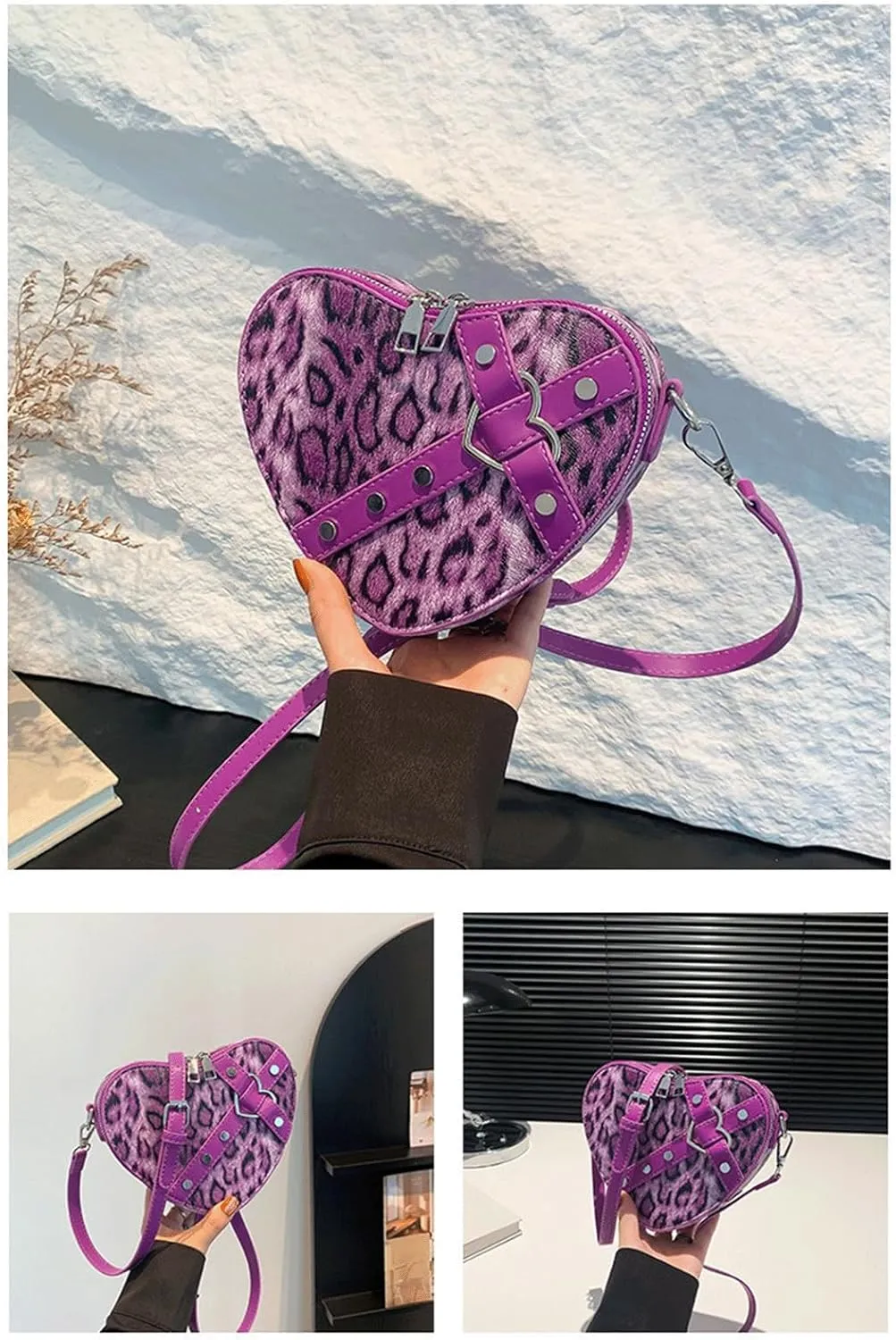 Leopard Purse Cheetah Print Heart Shape Crossbody Purses Vintage Y2K Studded Shoulder Bag for Girls Party