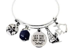 Let the Sea Set you Free Nautical Expandable Charm Bracelet Silver Adjustable Bangle Wind Surfing One Size Fits All Gift Dolphin Sand Dollar Personalization Options Available
