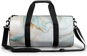 Light Green White Marble Texture Travel Gym Bag for Women Men Cylindrical Duffle Bag Sport Workout Bag with Shoulder Strap