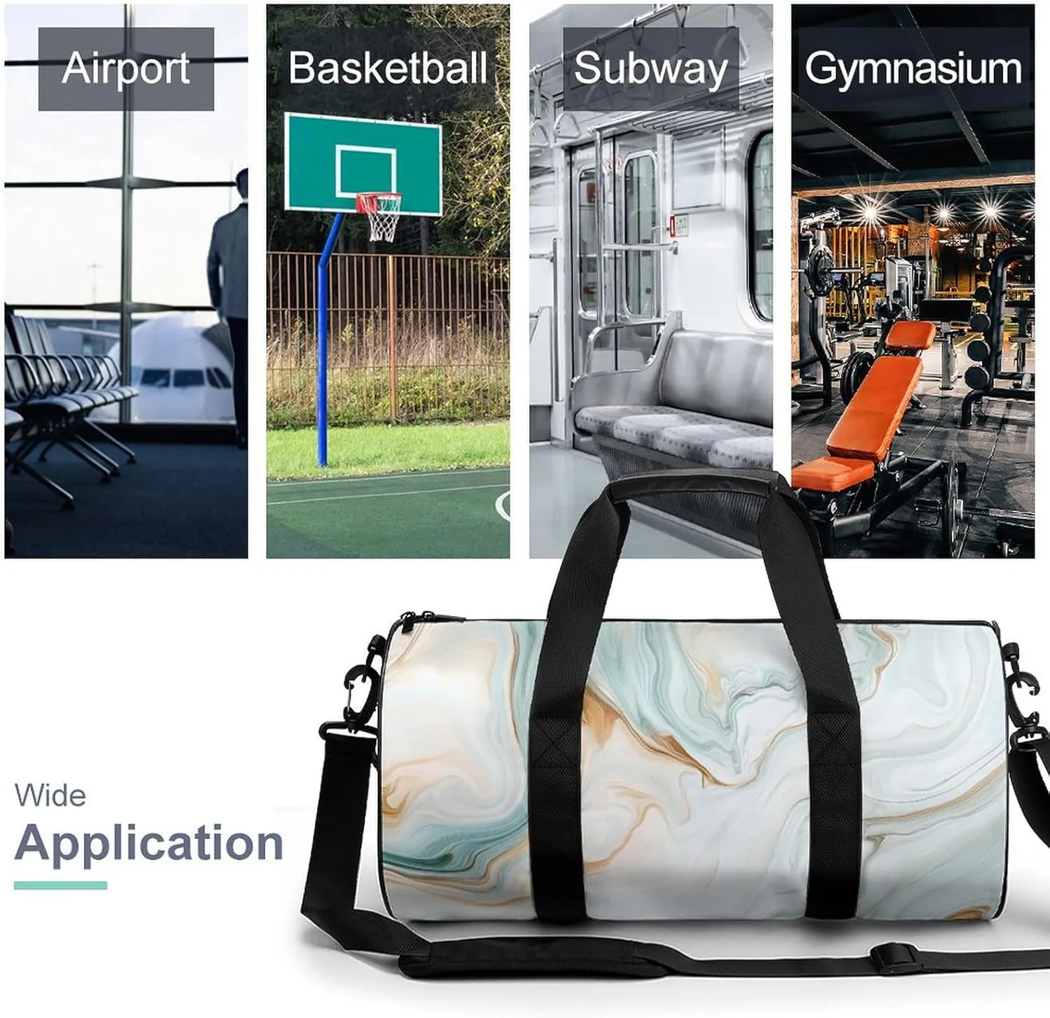 Light Green White Marble Texture Travel Gym Bag for Women Men Cylindrical Duffle Bag Sport Workout Bag with Shoulder Strap