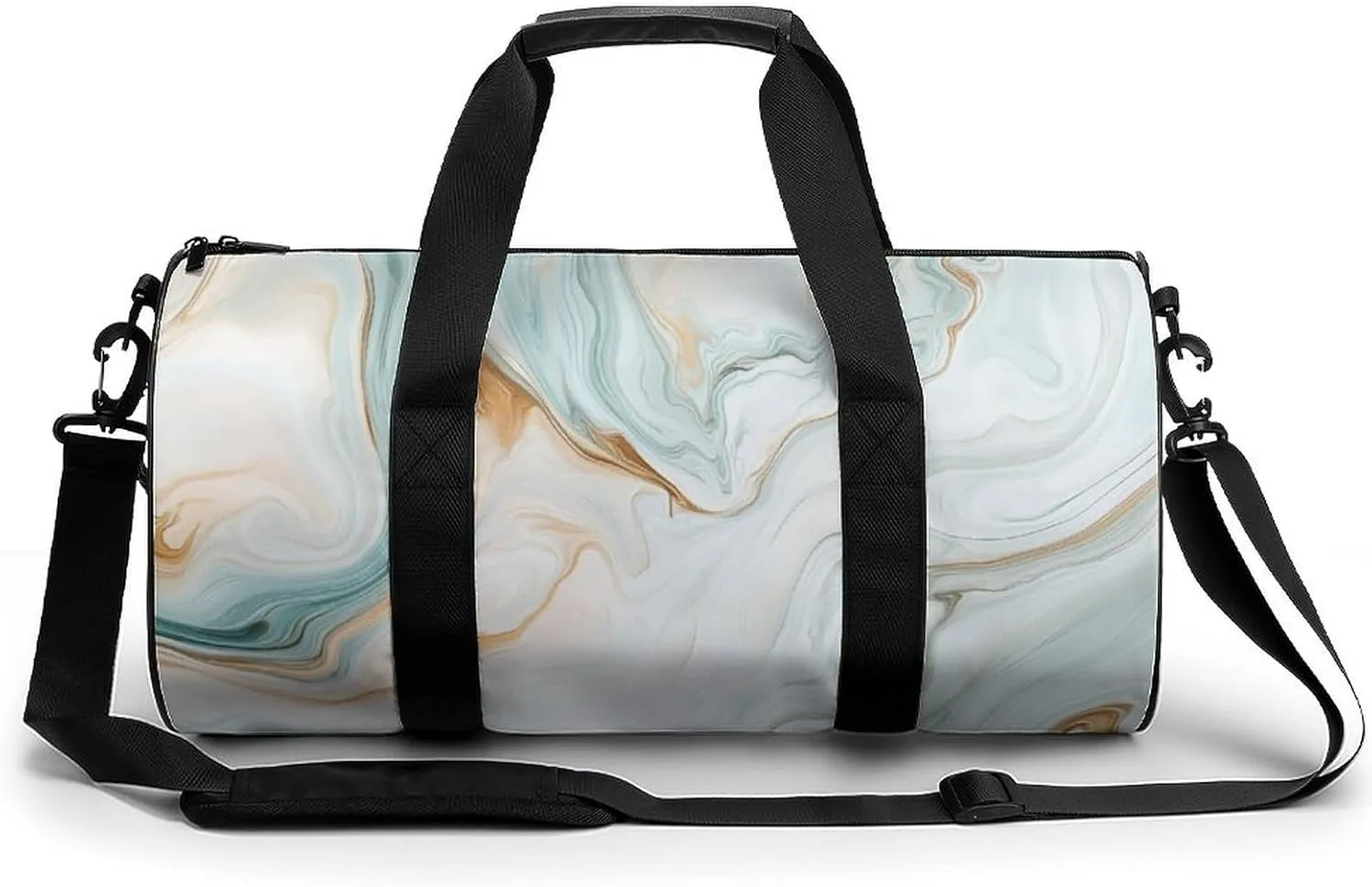 Light Green White Marble Texture Travel Gym Bag for Women Men Cylindrical Duffle Bag Sport Workout Bag with Shoulder Strap