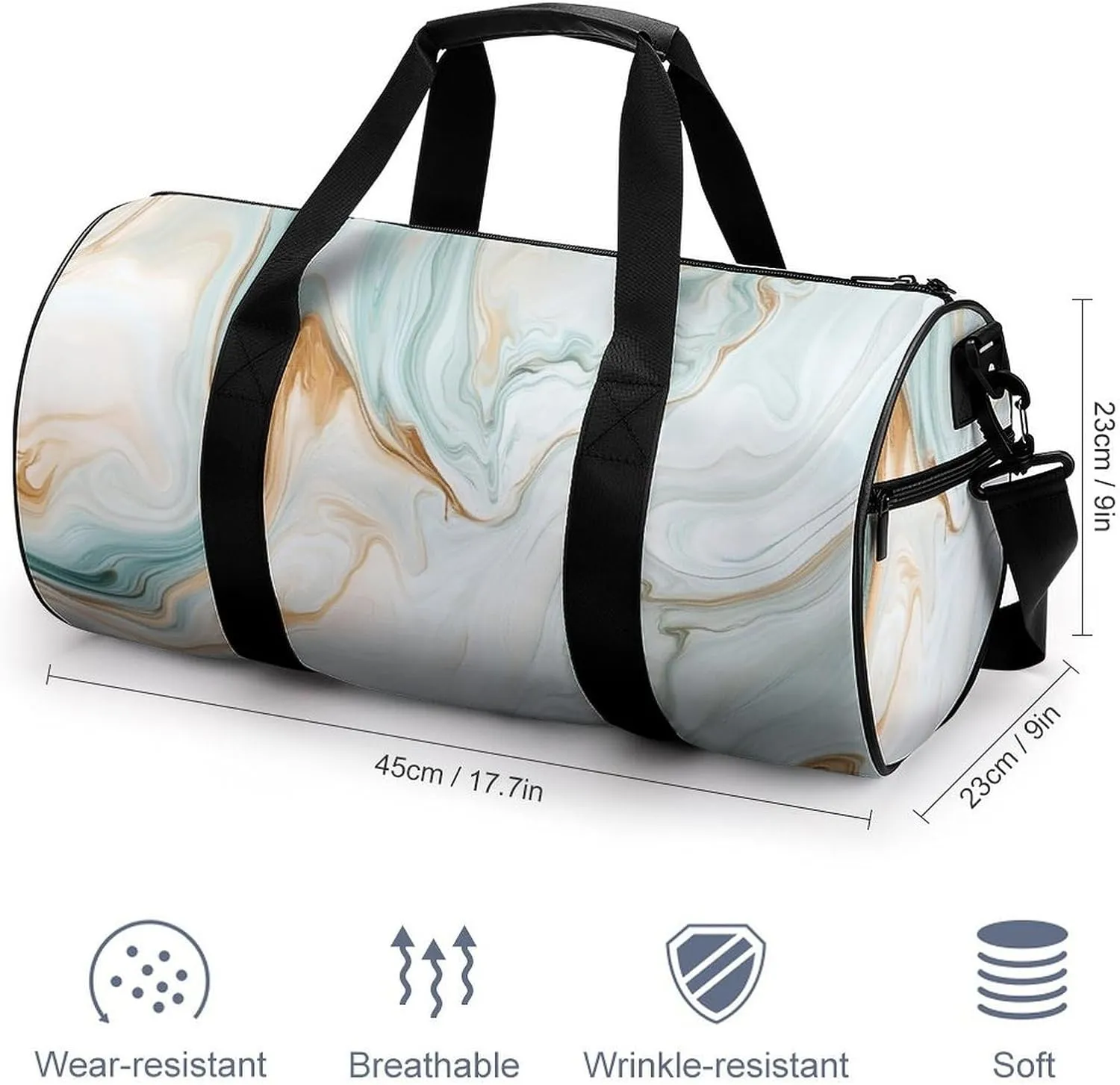 Light Green White Marble Texture Travel Gym Bag for Women Men Cylindrical Duffle Bag Sport Workout Bag with Shoulder Strap