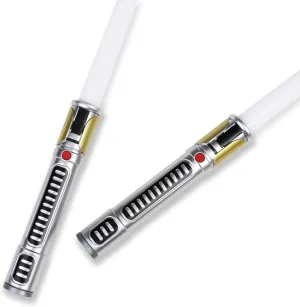 Light up Saber Toy(2 Pack) with Electronic Lights and Sound for Kids and Adults, Double-Bladed White LED Retractable Light up Saber Toy as Halloween Party, Holiday, Birthday Gift (with Headband)