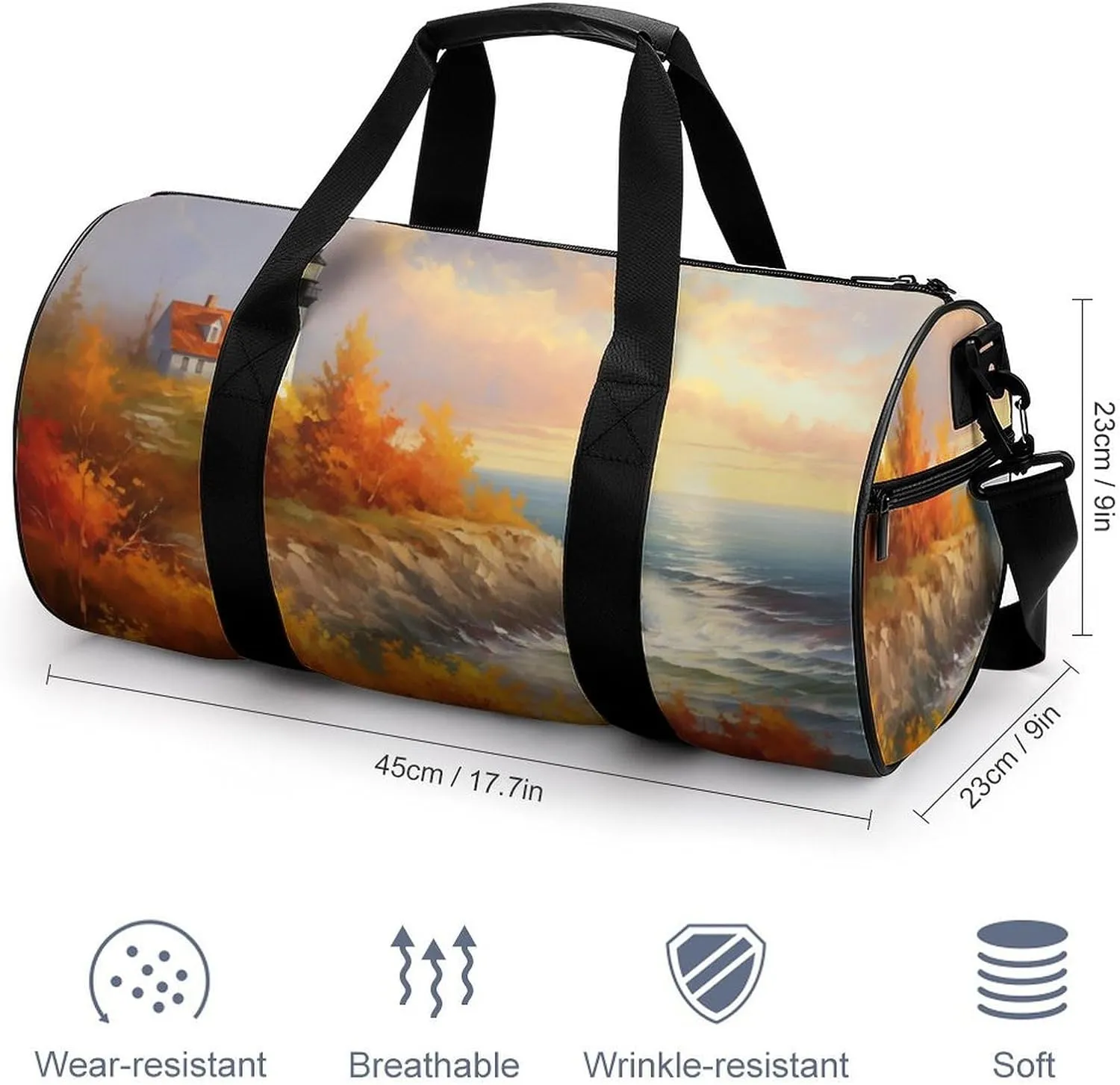 Lighthouse Vibrant Autumn Travel Gym Bag for Women Men Cylindrical Duffle Bag Sport Workout Bag with Shoulder Strap