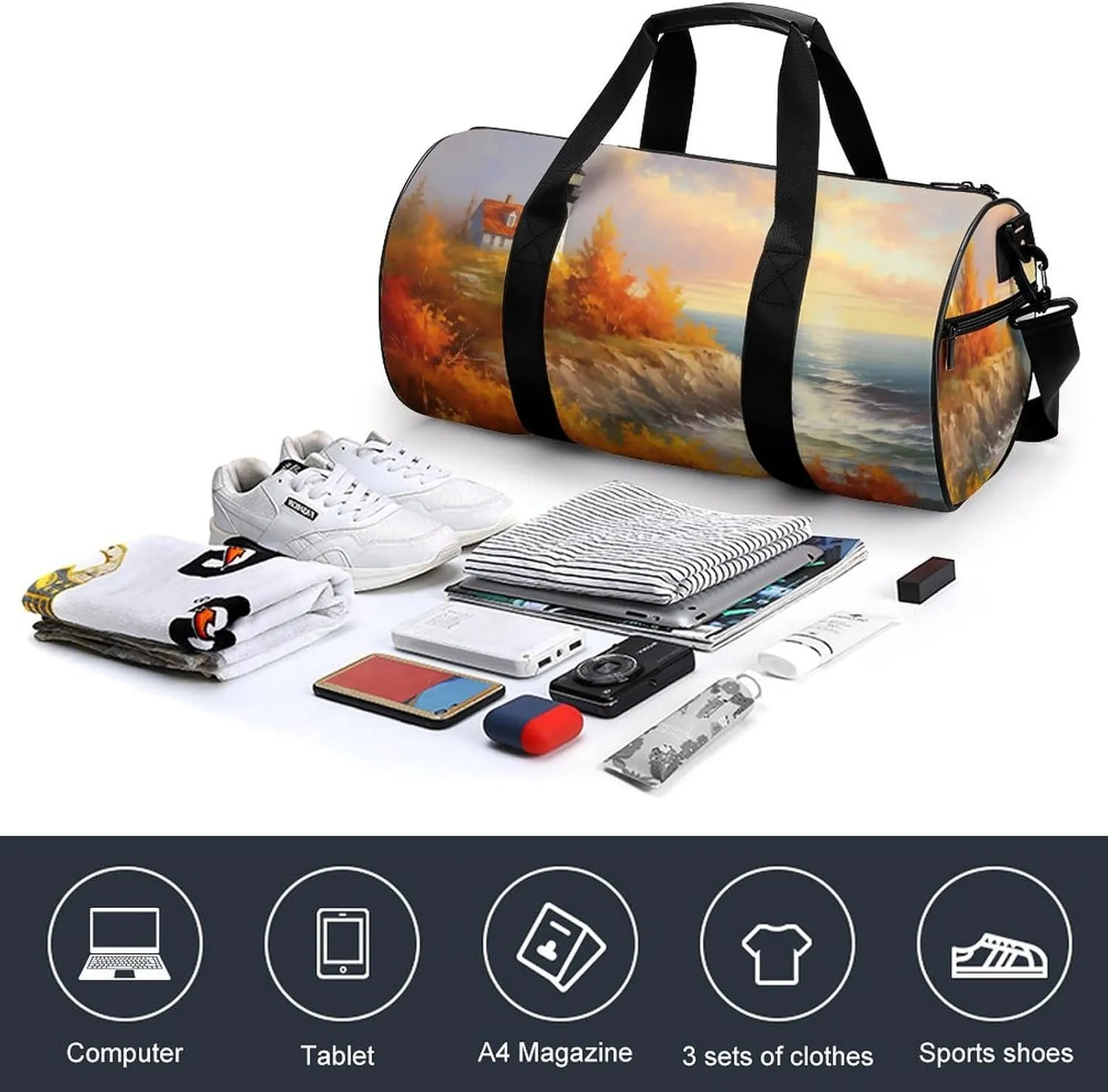 Lighthouse Vibrant Autumn Travel Gym Bag for Women Men Cylindrical Duffle Bag Sport Workout Bag with Shoulder Strap