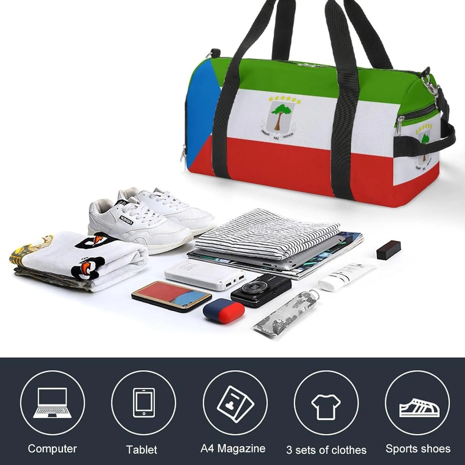 Lightweight Equatorial Guinea Flag Duffel Bag for Boys Girls with Wet Pocket Gym Tote