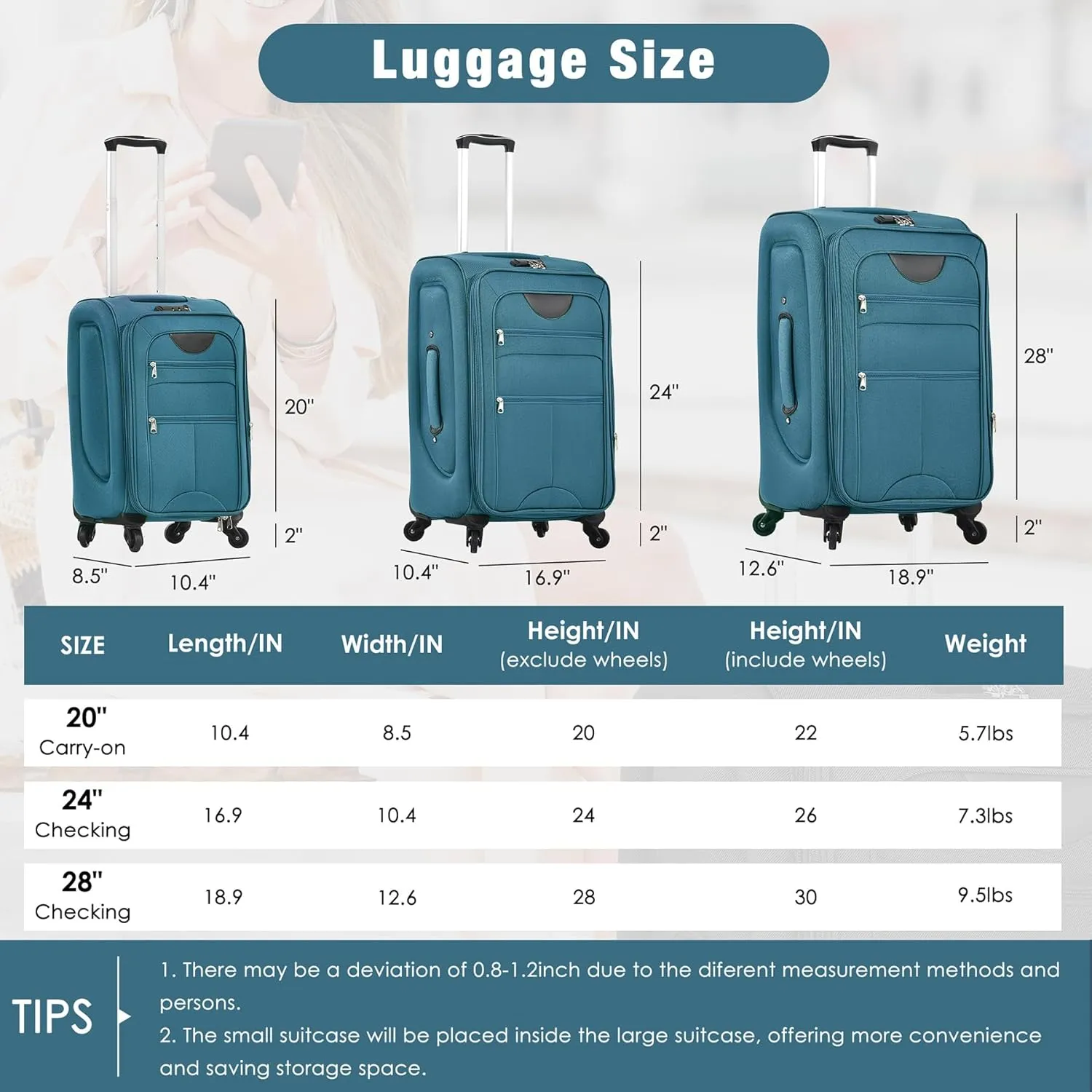 Lightweight Expandable Softside Luggage Sets 3 Piece, Large Capacity Travel Suitcase with Spinner Wheel, TSA Lock, Easy Access Design and Adjustable Telescoping Handle (Green)