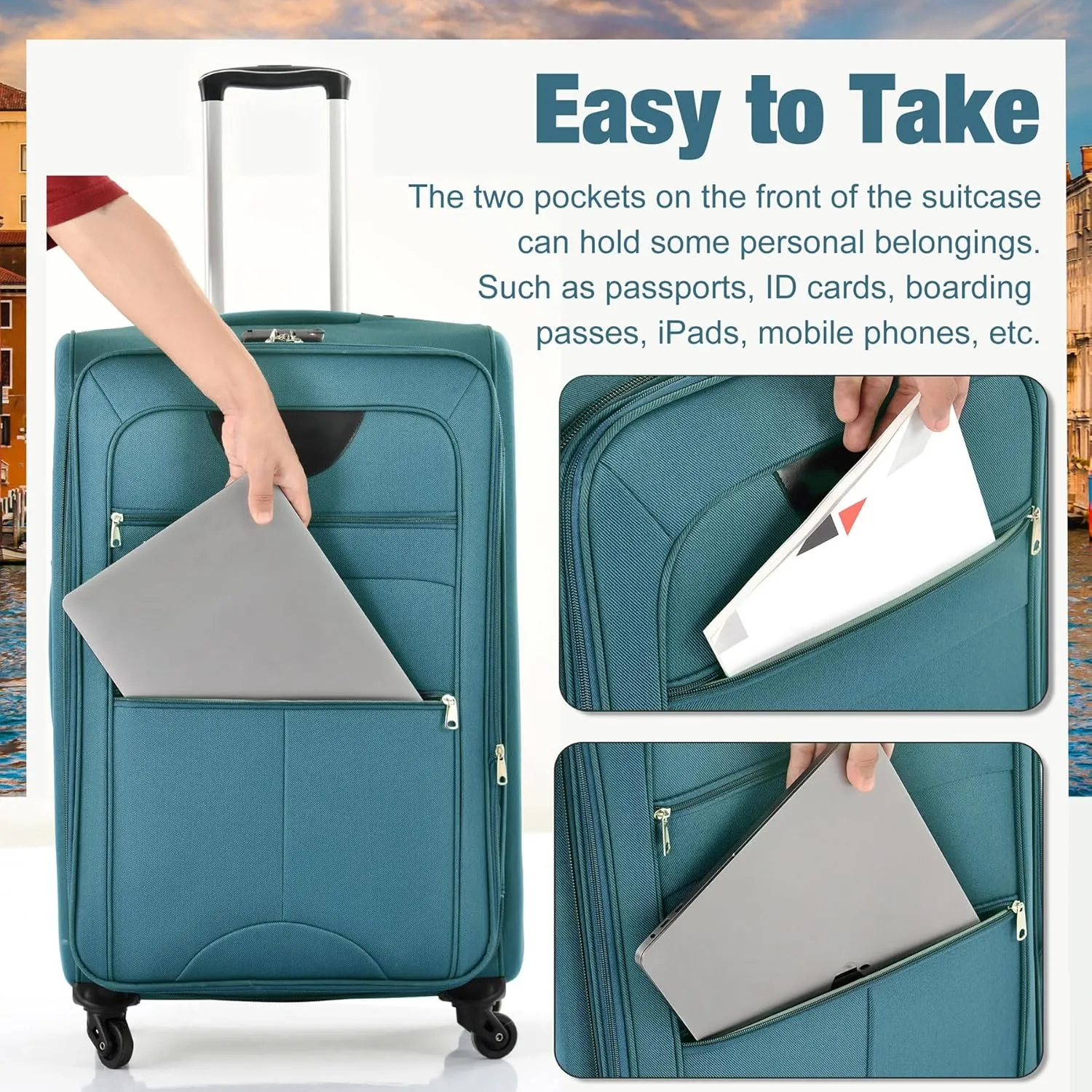 Lightweight Expandable Softside Luggage Sets 3 Piece, Large Capacity Travel Suitcase with Spinner Wheel, TSA Lock, Easy Access Design and Adjustable Telescoping Handle (Green)