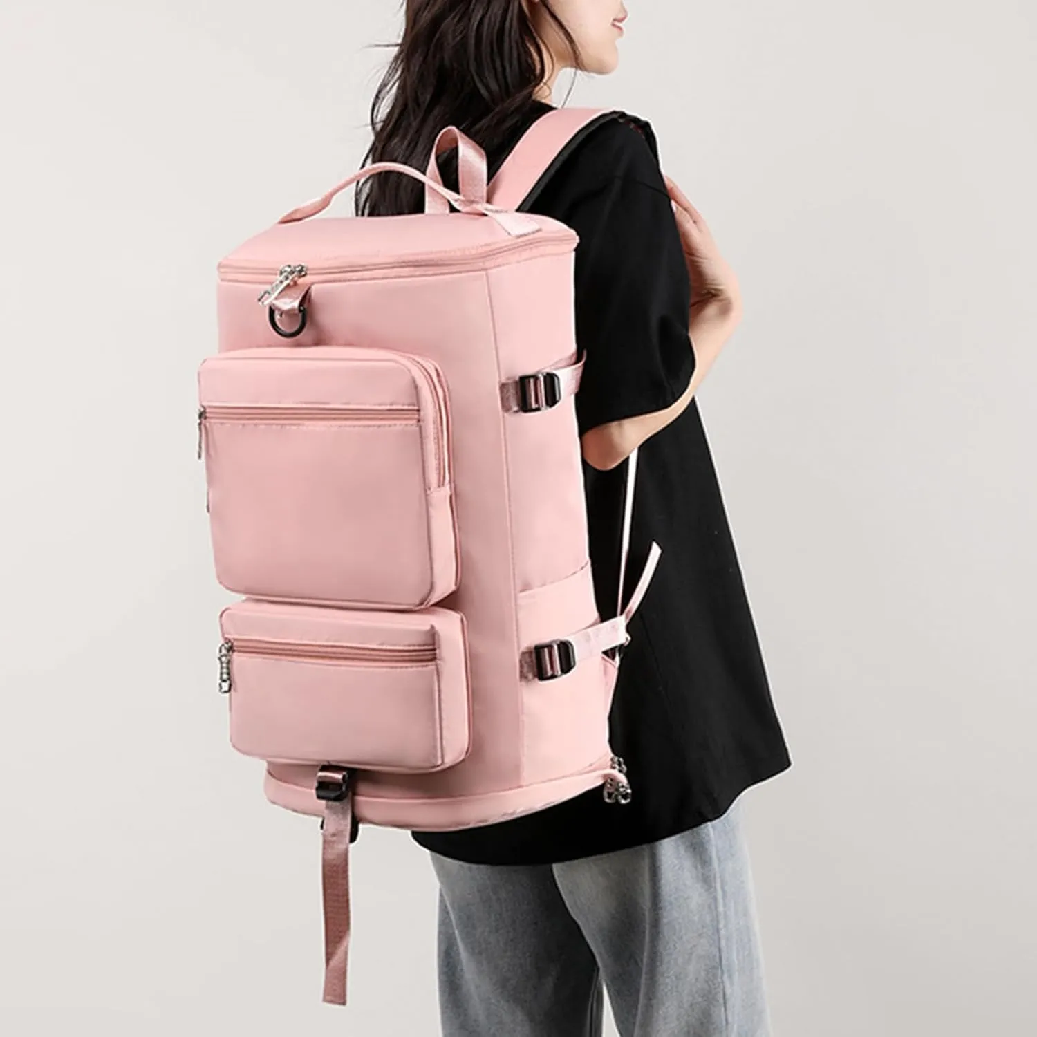 Lightweight Travel Bag Fitness Moving Storage Duffel Multifunctional Large Capacity Adjustable Straps Multi Layers Great Load Bearing Shoulder Pink