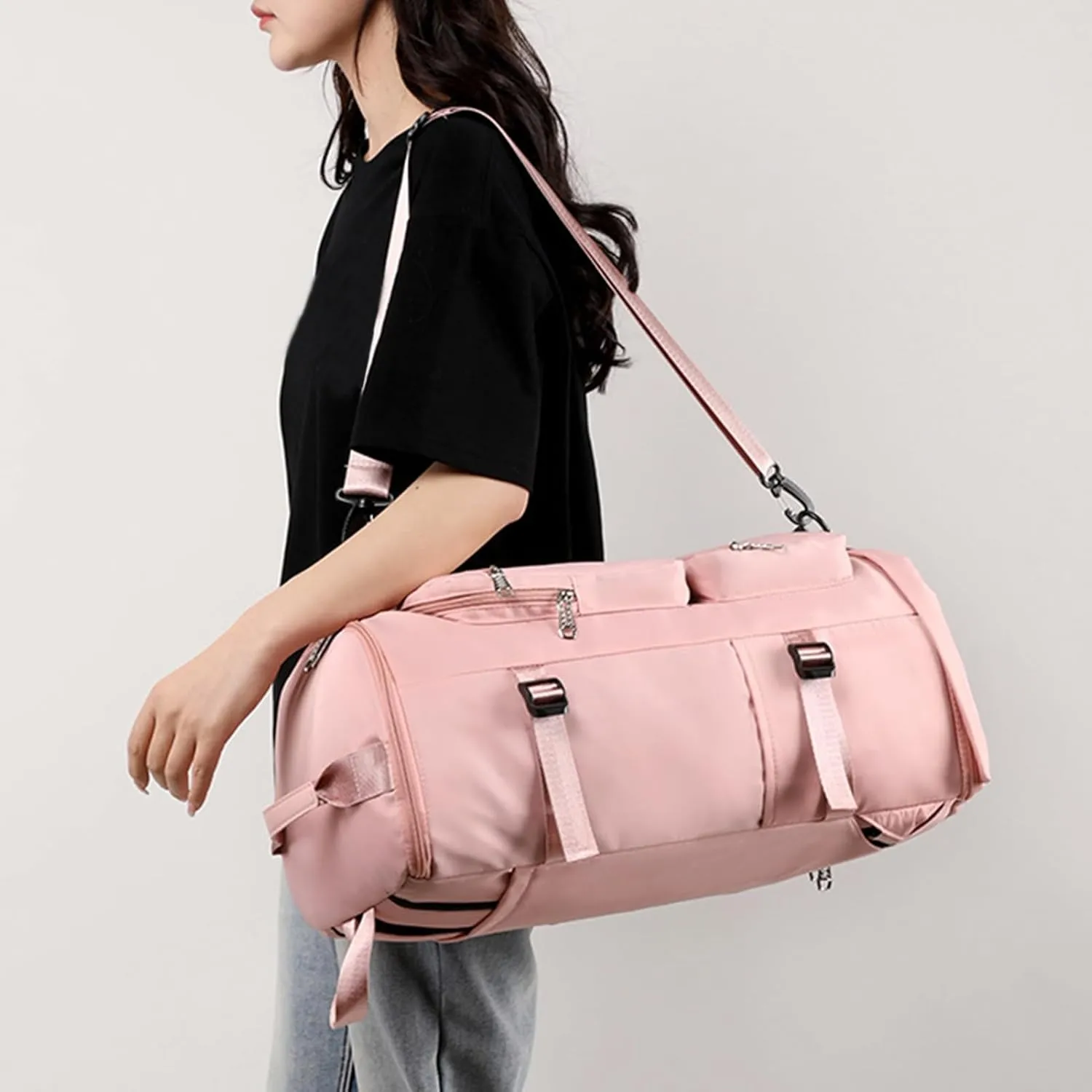 Lightweight Travel Bag Fitness Moving Storage Duffel Multifunctional Large Capacity Adjustable Straps Multi Layers Great Load Bearing Shoulder Pink