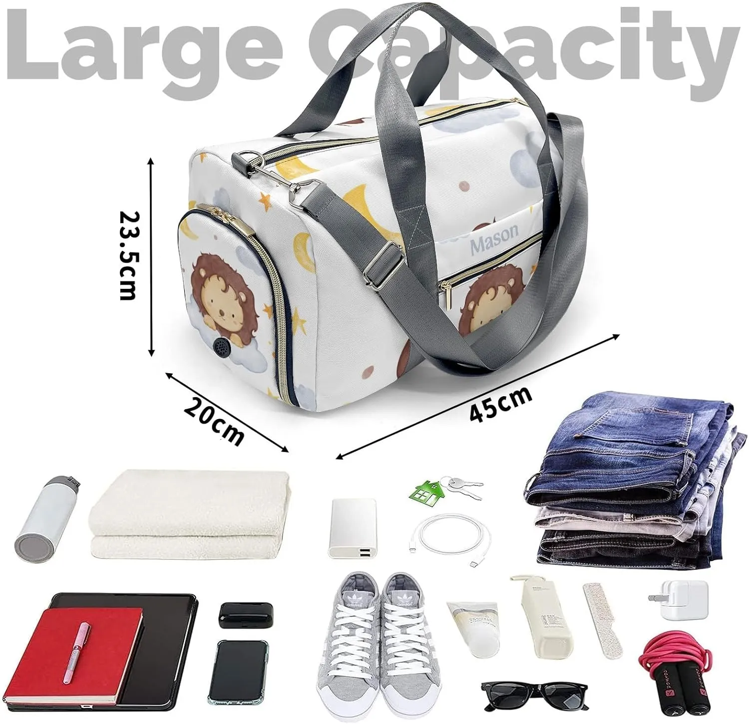 Lion Moon Stars Clouds Personalized Duffel Bag,Custom Travel Gym Bag with Name,Waterproof Sports Overnight Bag with Shoe Compartment & Shoulder Strap