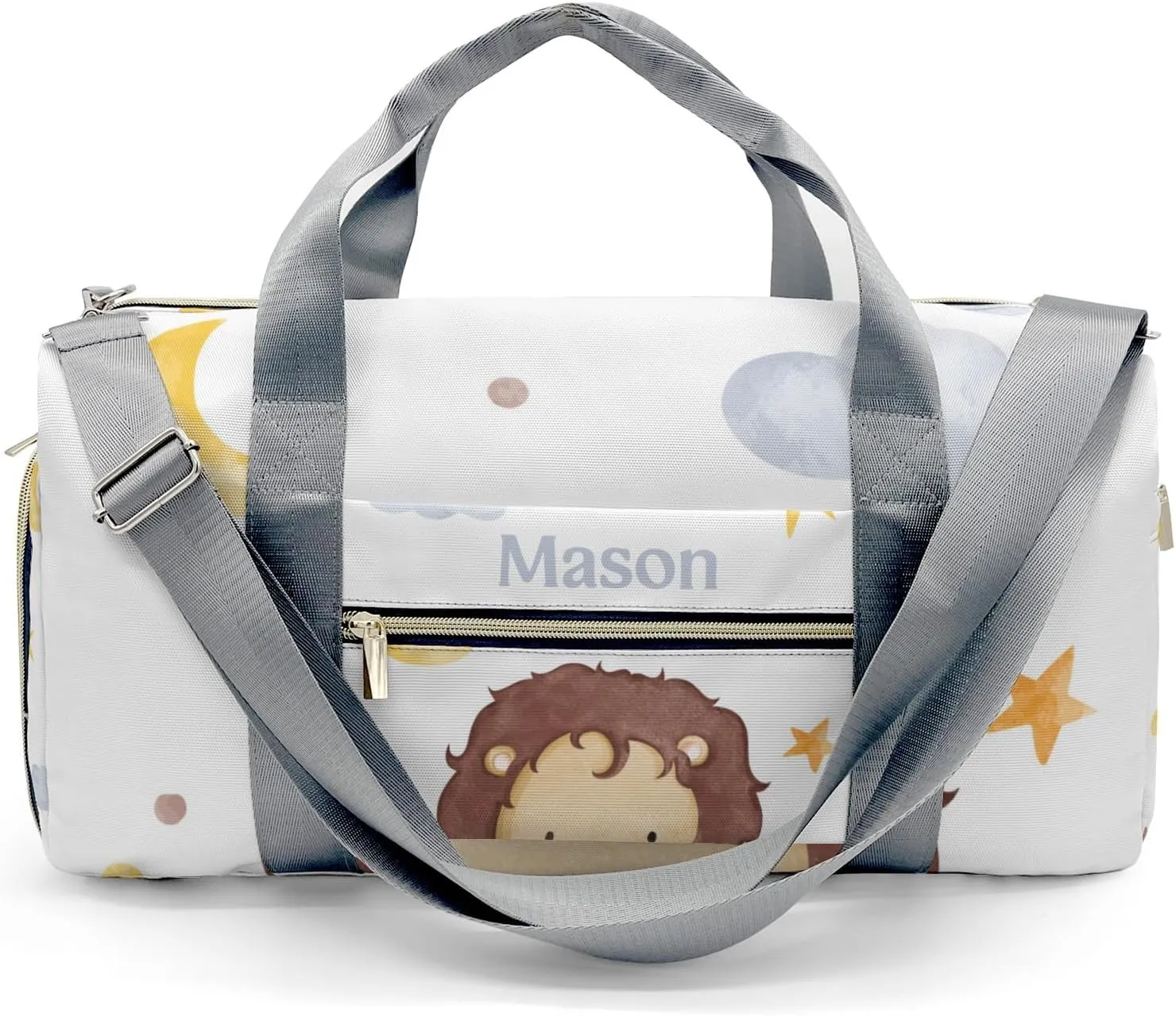 Lion Moon Stars Clouds Personalized Duffel Bag,Custom Travel Gym Bag with Name,Waterproof Sports Overnight Bag with Shoe Compartment & Shoulder Strap